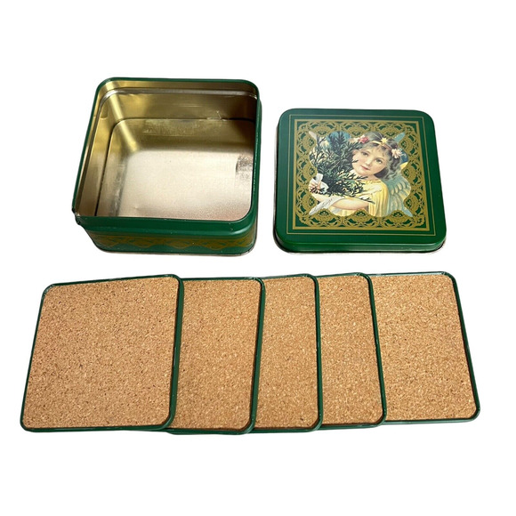 Vintage 1986 Enesco Christmas Greetings Angel Tin Box Cork Backed Coasters set - Picture 3 of 8